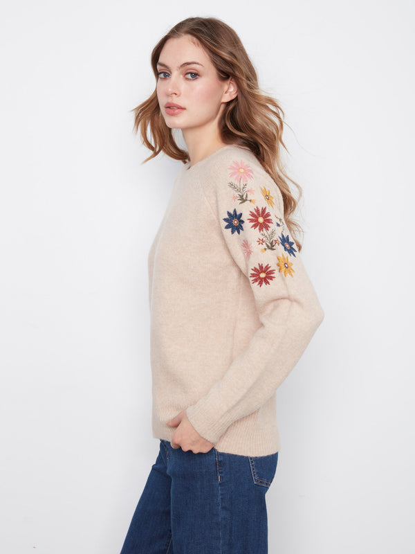 Floral Embroidered Raglan Sweater - Heather Almond