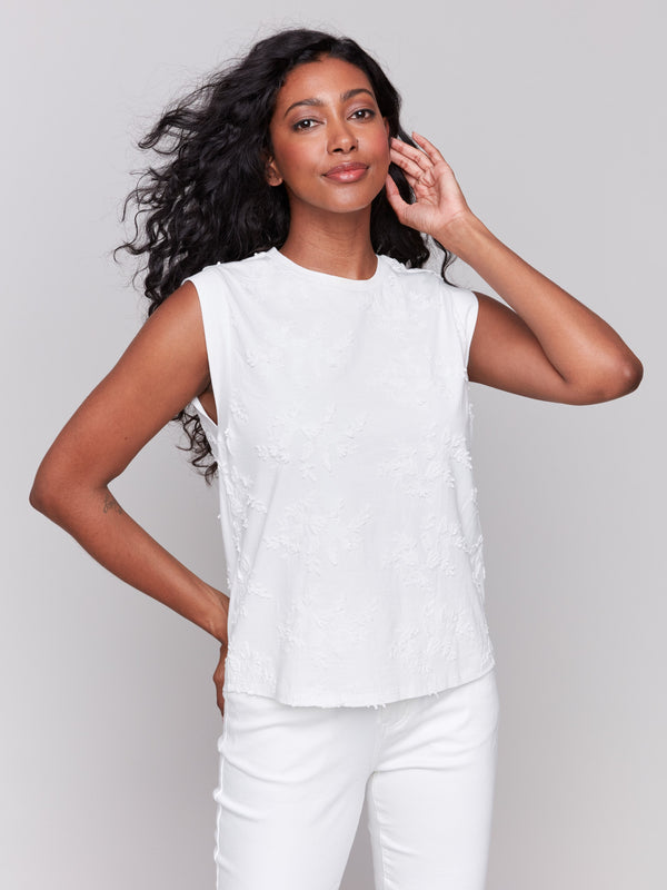 White cotton top with crew neckline by Charlie B.