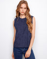 Navy cotton top with floral embroidery, highlighting its sleeveless design for a breezy feel by Charlie B.