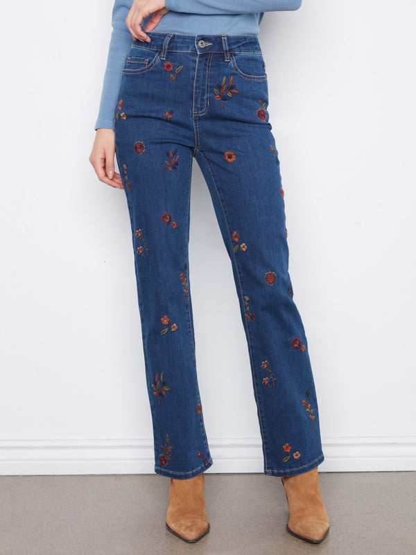Jean droit à broderie florale - Indigo