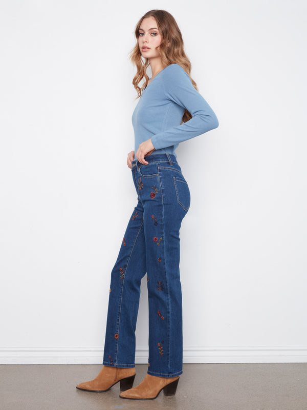 Jean droit à broderie florale - Indigo