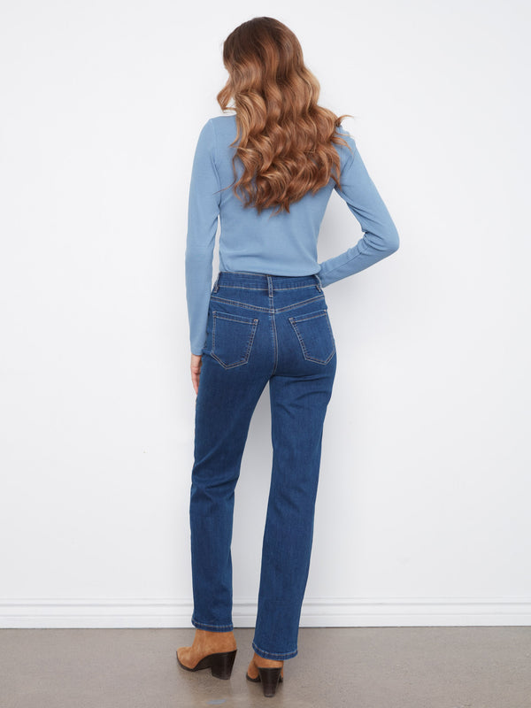 Jean droit à broderie florale - Indigo
