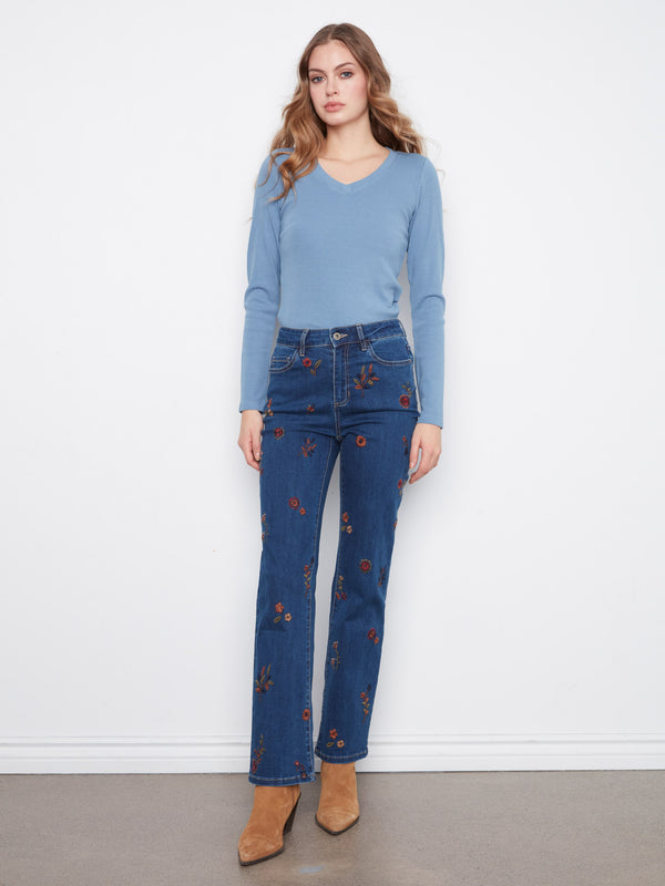 Jean droit à broderie florale - Indigo