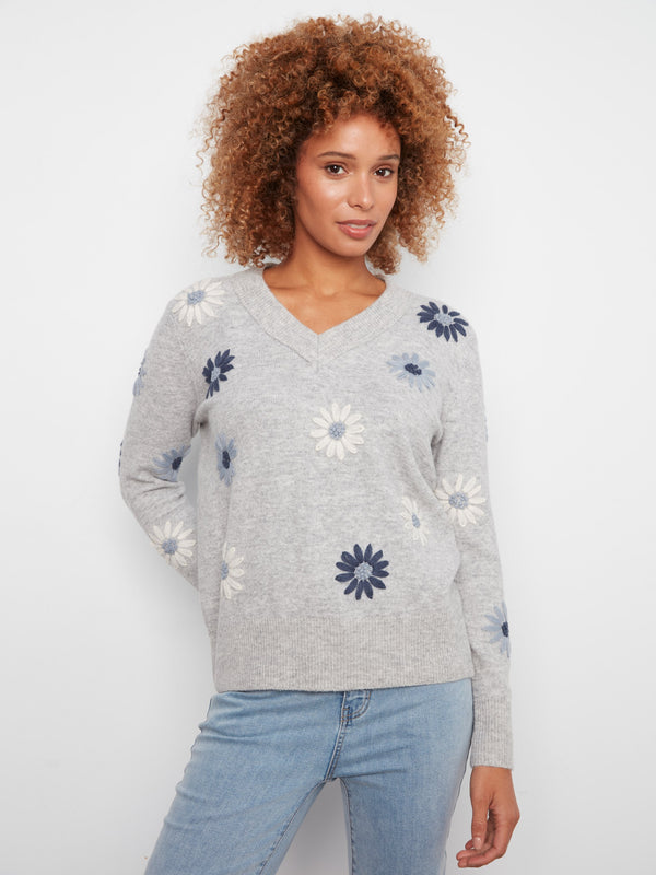 Heather-grey sweater featuring ribbed cuffs and floral embroidery for a chic look by Charlie B.