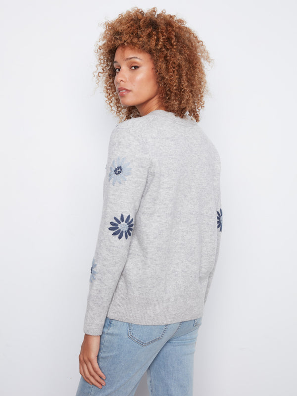 Chandail à col en V avec broderies florales - Gris Chiné