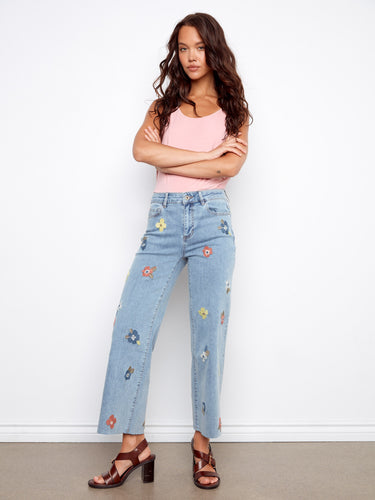 Wide-leg fit combined with delicate floral embroidery makes these jeans perfect for any occasion by Charlie B.