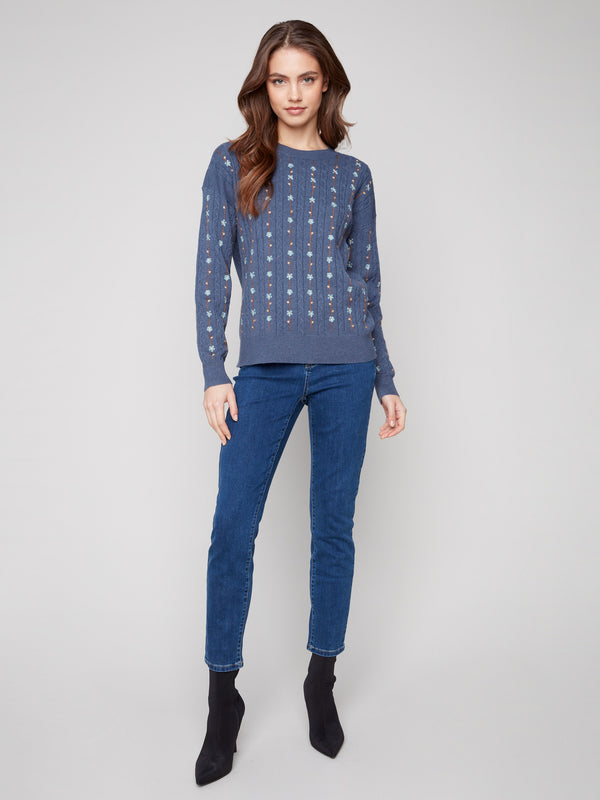 Floral Embroidery Knit Sweater - Tulip