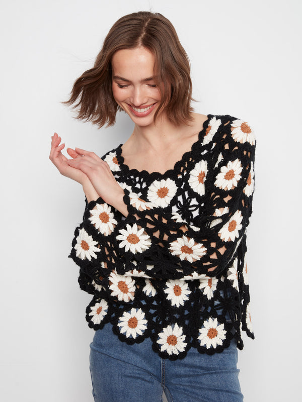 Floral Hand-Crochet Sweater - Black