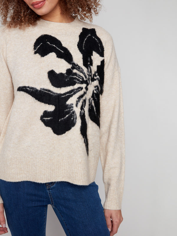 Elegant beige sweater with artistic floral design and drop shoulders for a relaxed fit by Charlie B.