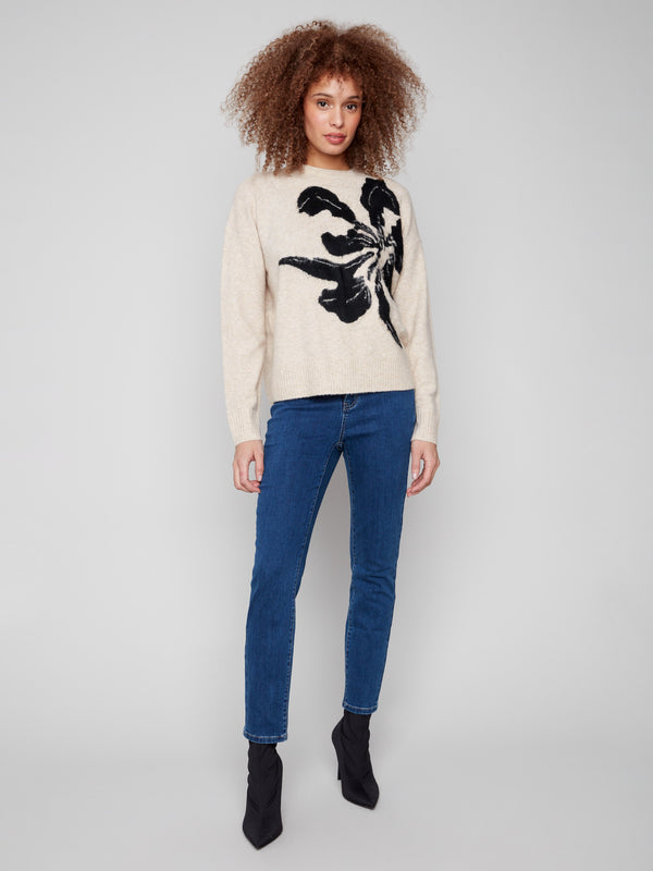 Chic crew neck sweater in beige with an eye-catching abstract flower pattern, ideal for any occasion by Charlie B.
