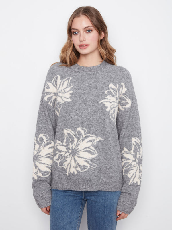 Floral Jacquard Crew Neck Sweater - Med Heather Grey