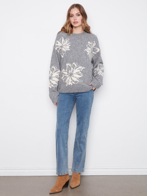 Floral Jacquard Crew Neck Sweater - Med Heather Grey