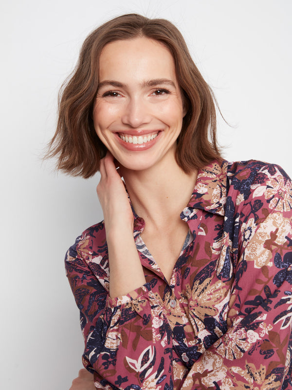 Floral Print Button-Front Blouse - Passion