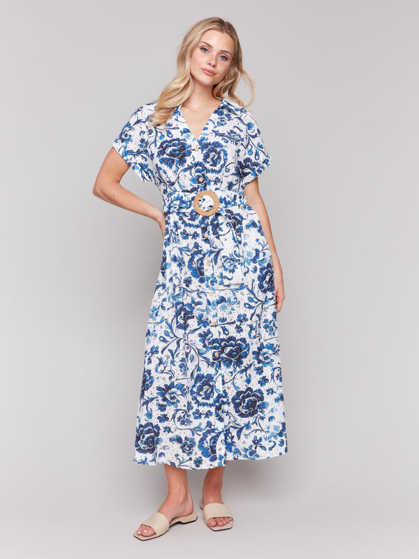 Sophisticated short sleeve floral maxi with collar neckline by Charlie B.