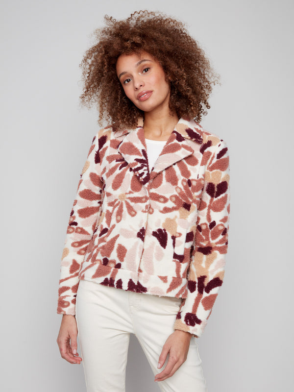 Cabernet floral sherpa fleece coat with a stylish lapel collar and cozy design, perfect for chilly days by Charlie B.