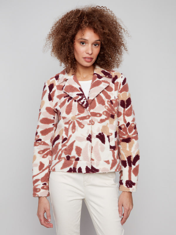 Welt pockets enhance the functionality of this cabernet floral sherpa fleece short coat by Charlie B.