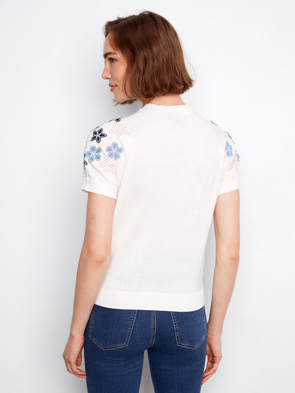 Floral Short Sleeve Cotton Knit Top - Flowers