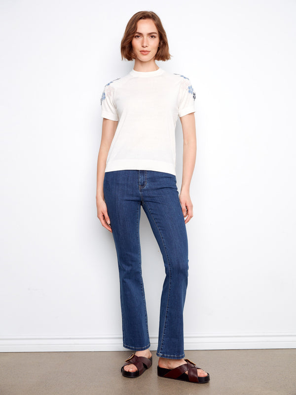 Floral Short Sleeve Cotton Knit Top - Flowers