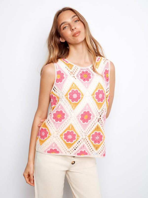 Floral Sleeveless Crochet Cotton Blend Top - Apricot