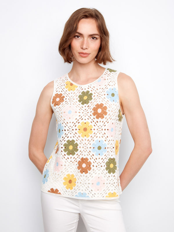 Floral Sleeveless Crochet Cotton Blend Top - Multicolor
