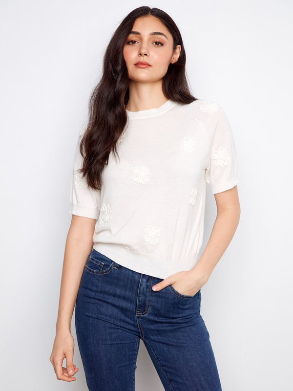 Floral Soutache Cotton Knit Top - White