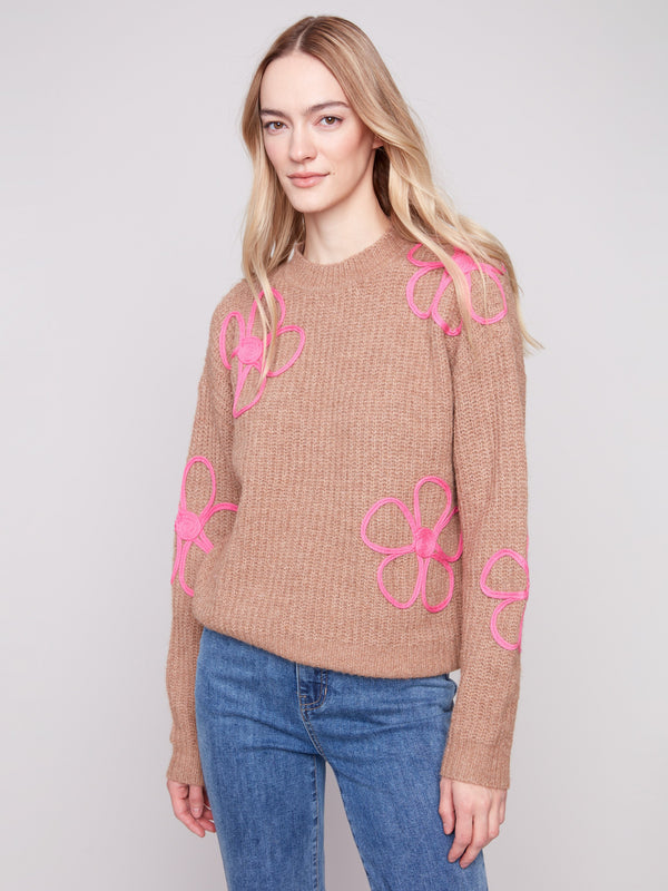 Heather Truffle sweater featuring a drop shoulder design and pink floral accents, perfect for a cozy look by Charlie B.