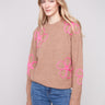 Heather Truffle sweater featuring a drop shoulder design and pink floral accents, perfect for a cozy look by Charlie B.