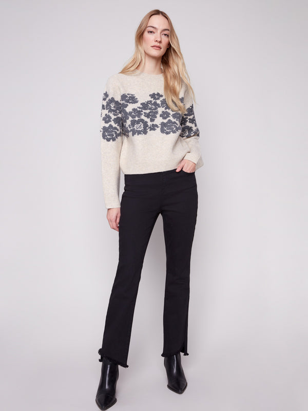 Stylish crew neck sweater in heather vanilla with elegant floral jacquard pattern, ideal for any occasion by Charlie B.