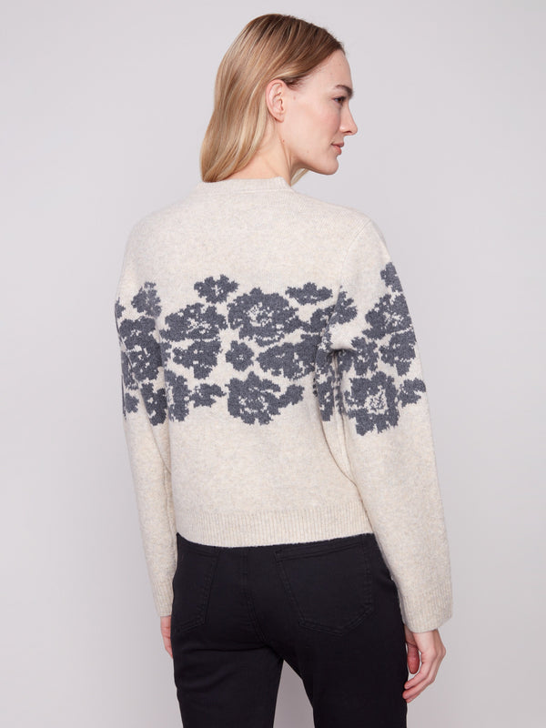 Heather vanilla knit sweater with intricate floral jacquard and comfortable knit cuffs for added warmth by Charlie B.