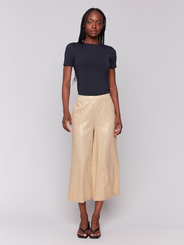 Comfortable stretch fabric in gold cropped pull-on pants by Charlie B.