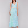 Lagoon-colored dress with metallic foil stripes by Charlie B.