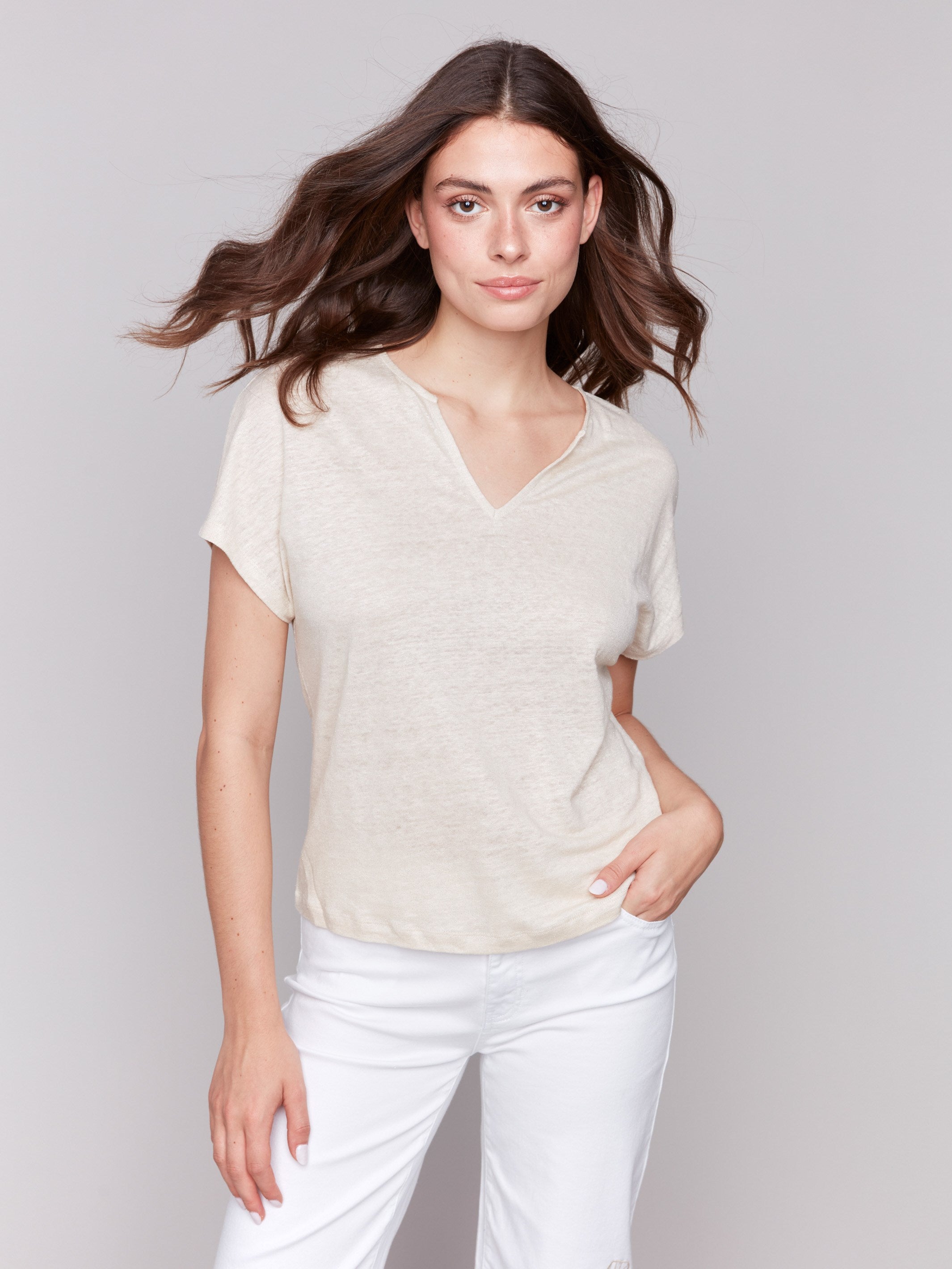 Dolman top in champagne with relaxed fit and foil print by Charlie B.