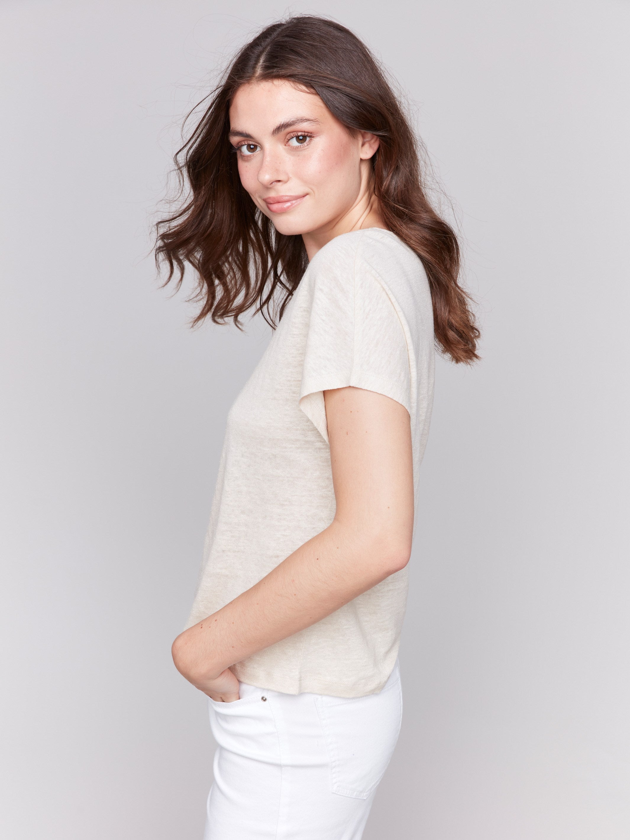 Foil print dolman top with short sleeves and relaxed fit by Charlie B.