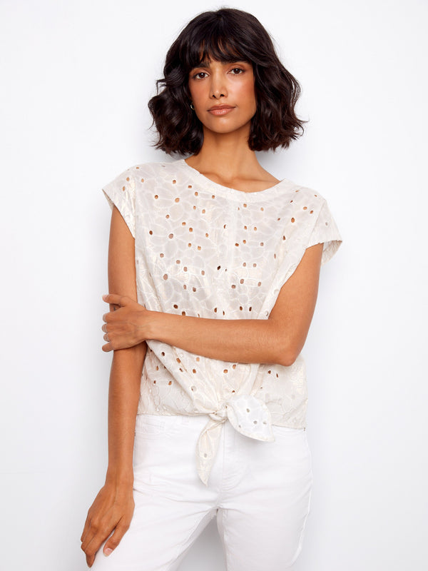 Blouse en coton broderie anglaise métallisée à nouer devant - Or