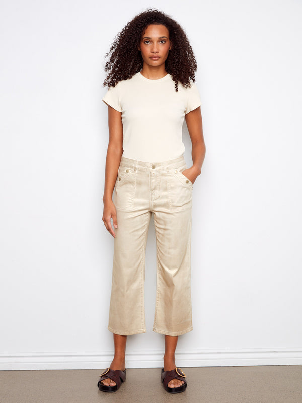 Foiled Cropped Twill Pants With Snap Button Detail - Natural