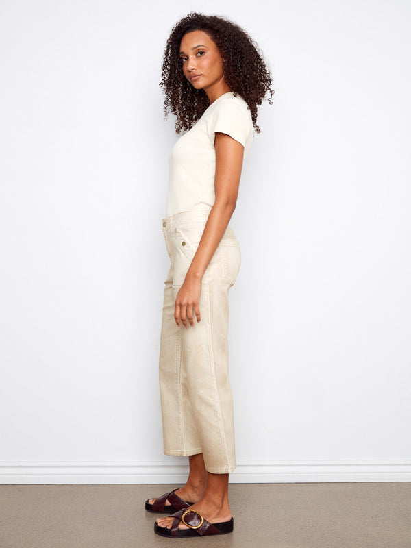 Foiled Cropped Twill Pants With Snap Button Detail - Natural