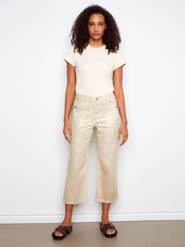 Foiled Cropped Twill Pants With Snap Button Detail - Natural