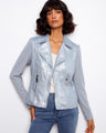 Light blue faux leather jacket with a stylish lapel notch collar and rib knit sleeves, perfect for any occasion by Charlie B.