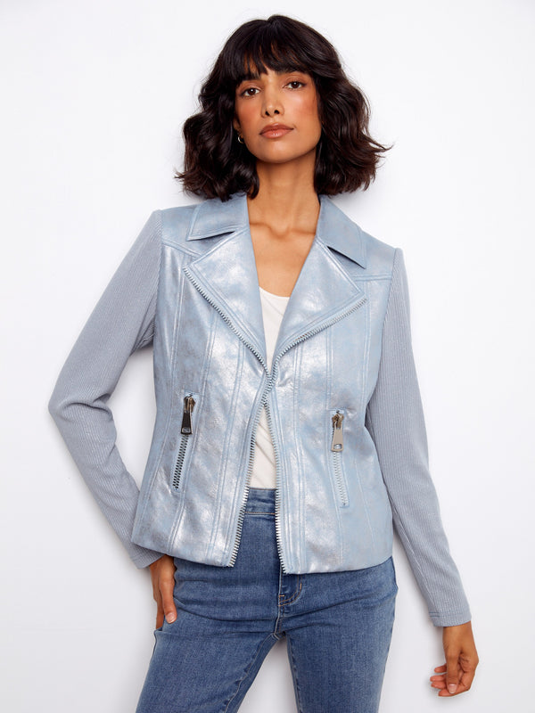 Light blue faux leather jacket with a stylish lapel notch collar and rib knit sleeves, perfect for any occasion by Charlie B.