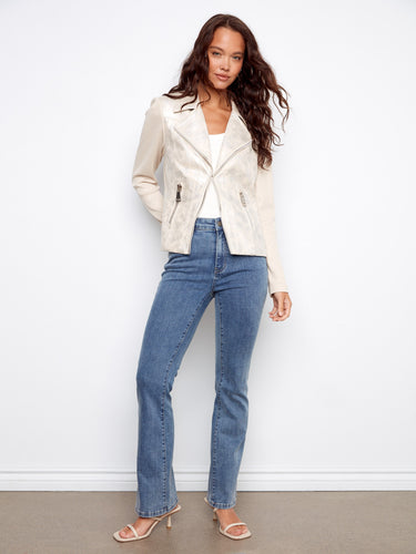 Crafted from foiled faux leather, this jacket offers a chic and modern appearance. By Charlie B.