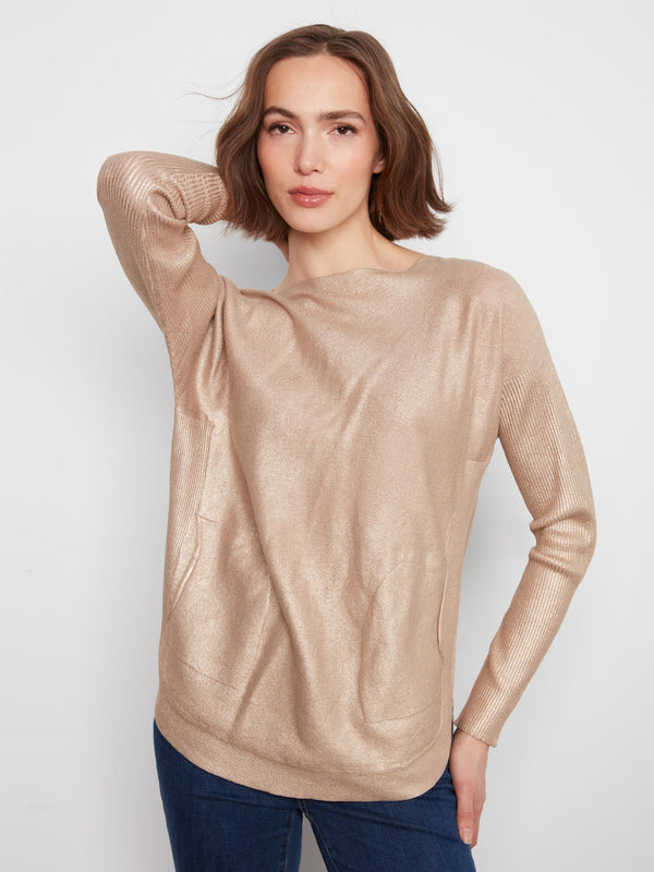 Foiled Knit Sweater With Back Lace-Up Detail - Brass