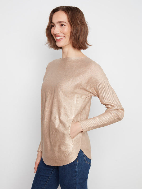 Foiled Knit Sweater With Back Lace-Up Detail - Brass