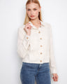 Linen blend jacket with front pockets and button closure, showcasing a chic champagne foil print. Designed by Charlie B.