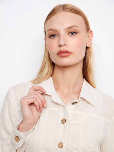 Stylish short length jacket with frayed hem details, complete with practical front pockets. Designed by Charlie B.