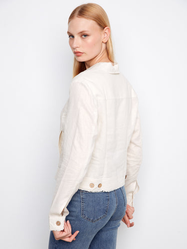 Elegant linen blend jacket featuring frayed edges and sophisticated button accents for added style. By Charlie B.