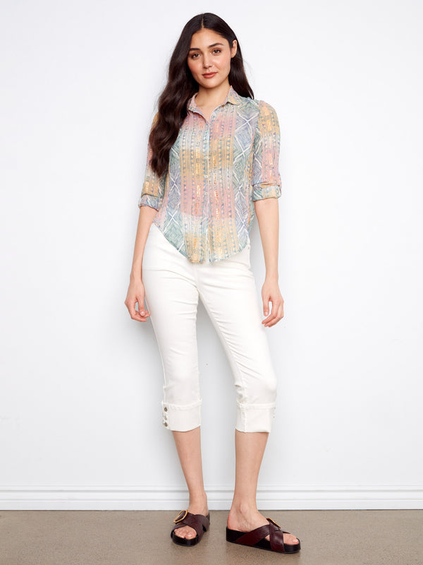 Embrace style with roll-up sleeves on this semi-sheer crinkle fabric shirt, perfect for versatile wear by Charlie B.