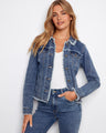 Denim jacket featuring stylish frayed edges for a trendy look, perfect for casual outings. By Charlie B.