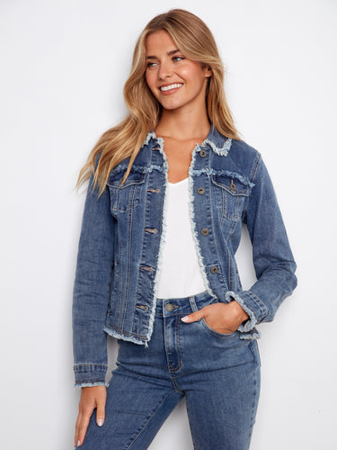 Button front closure enhances the chic appeal of this comfortable stretch denim jacket. By Charlie B.