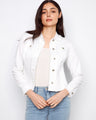 Featuring two front patch pockets, this white jean jacket adds flair to any outfit by Charlie B.