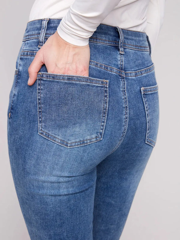 Frayed Hem Denim Pants - Medium Blue